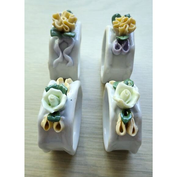 NAPKIN RINGS-Porcelain-3D Flowers-Yellow-Green-Set of 4 - Picture 14 of 16